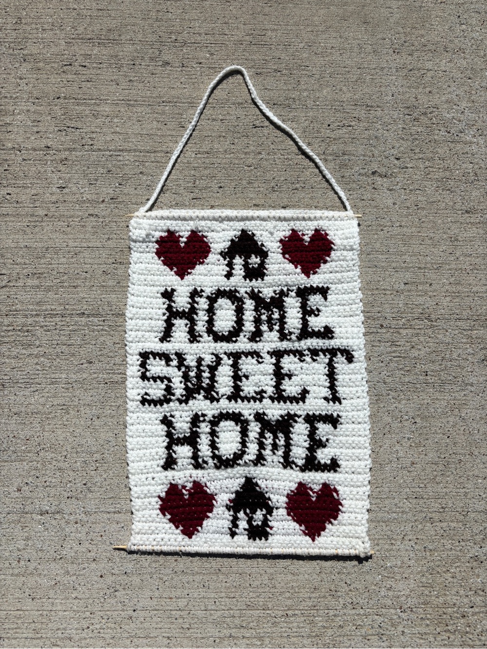 Handmade "Home Sweet Home" Crochet Wall Hanging in White, Black & Burgundy